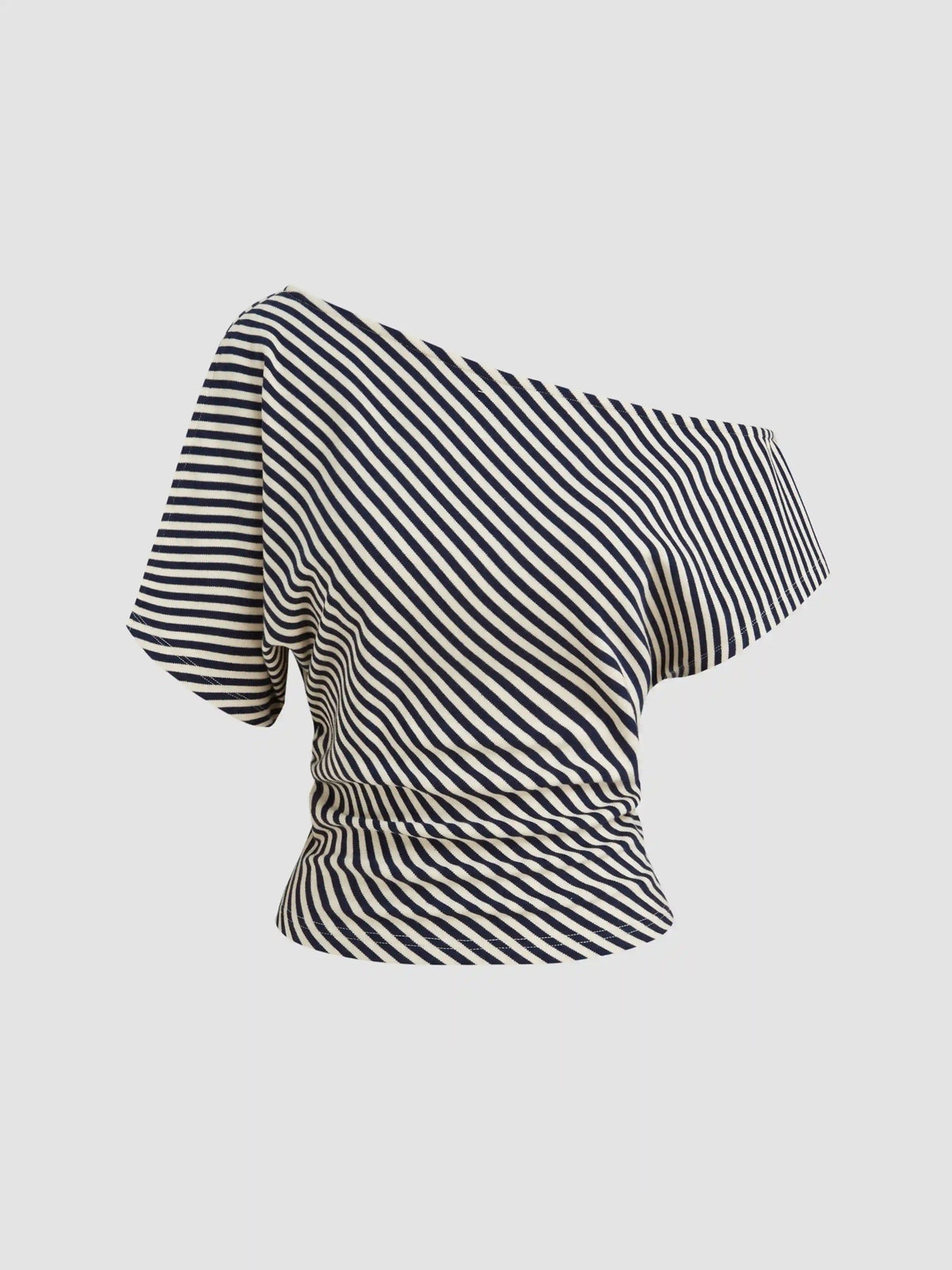 Jersey Asymmetrical Neck Stripe Ruched Tee