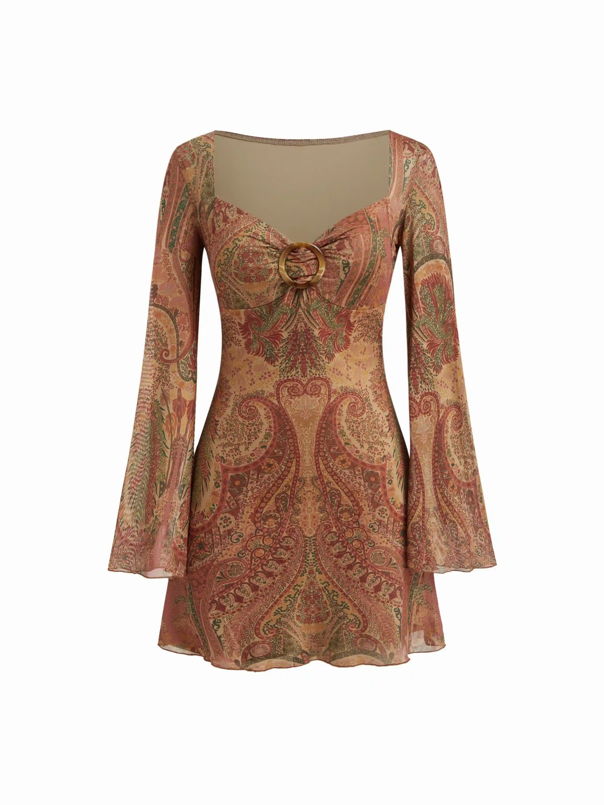 Mesh Sweetheart Neck Paisley O-Ring Ruffle Hem Mini Dress