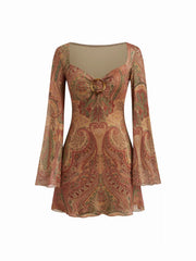 Mesh Sweetheart Neck Paisley O-Ring Ruffle Hem Mini Dress