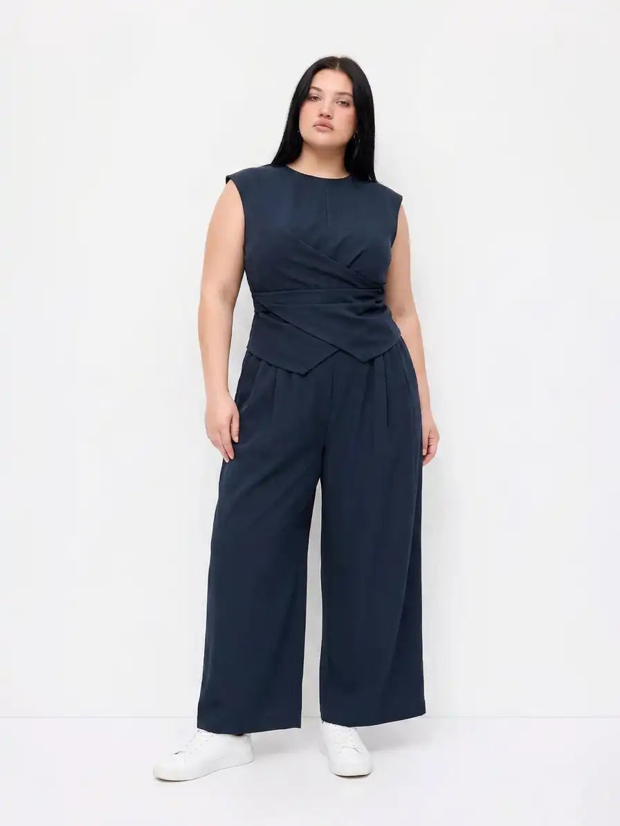Cotton-blend Round Neck Twist Top & Mid Rise Wide Leg Trousers Set Curve & Plus