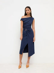 Asymmetrical Neck Wrap Metal Detail Ruched Midi Dress