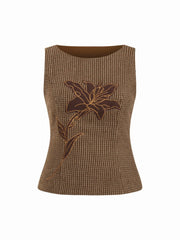 Tweed Floral Applique Check Boat Neck Top Curve & Plus