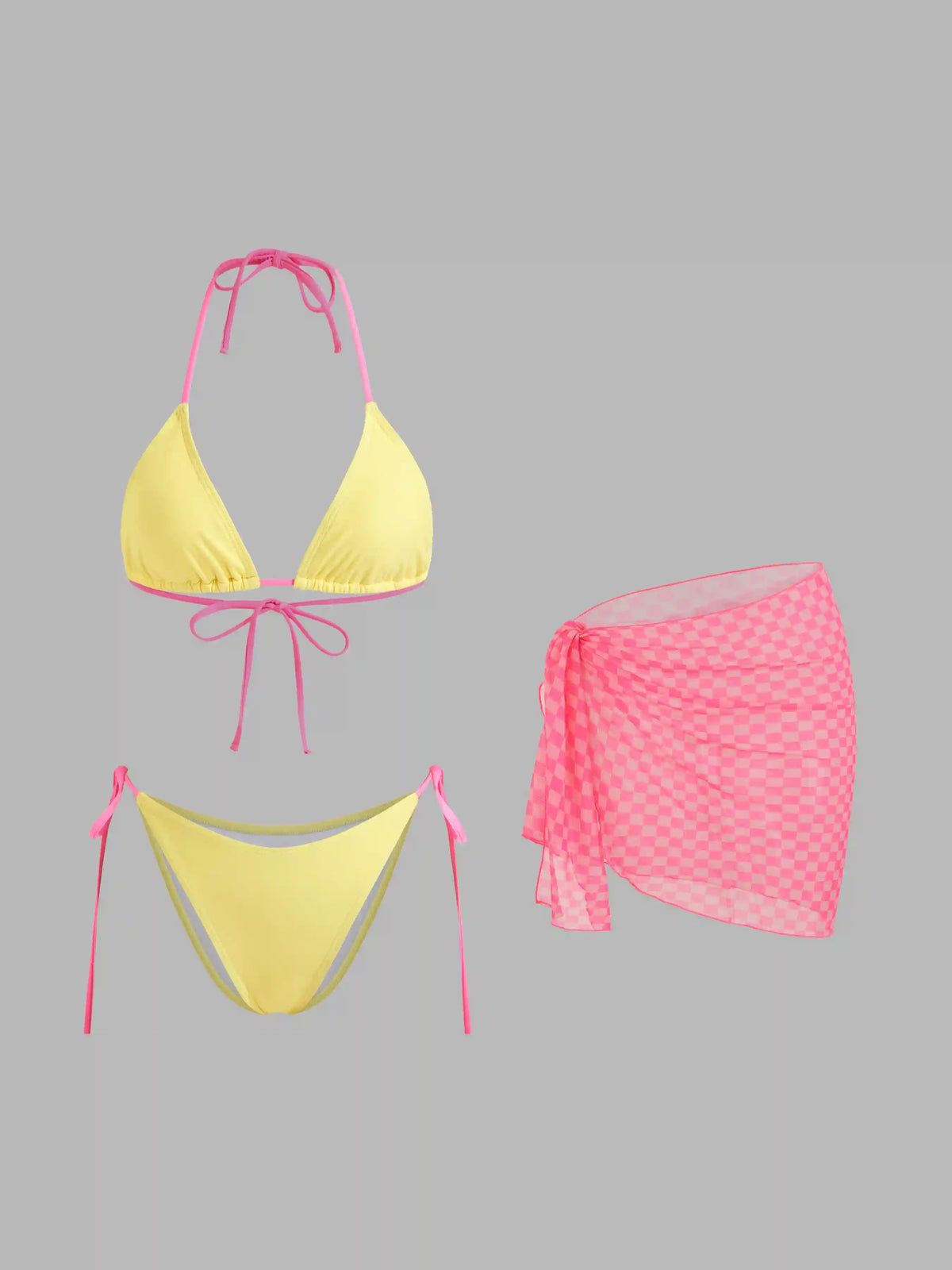 Halter Neckline Triangle Tie Side Bikini Set With Gingham Sarong
