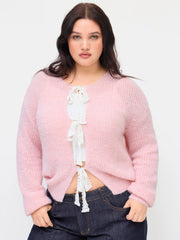Knit V-neck Tie Front Bow Oversized Cardigan Curve & Plus