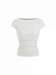 Viscose Boat Neck Ruched Short Sleeve Top