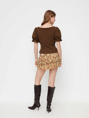 Corduroy Sweetheart Neck Puff Sleeve Lace Up Ruffle Trim Blouse