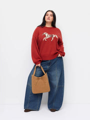 Knit Horse Pattern Round Neckline Oversized Sweater Curve & Plus