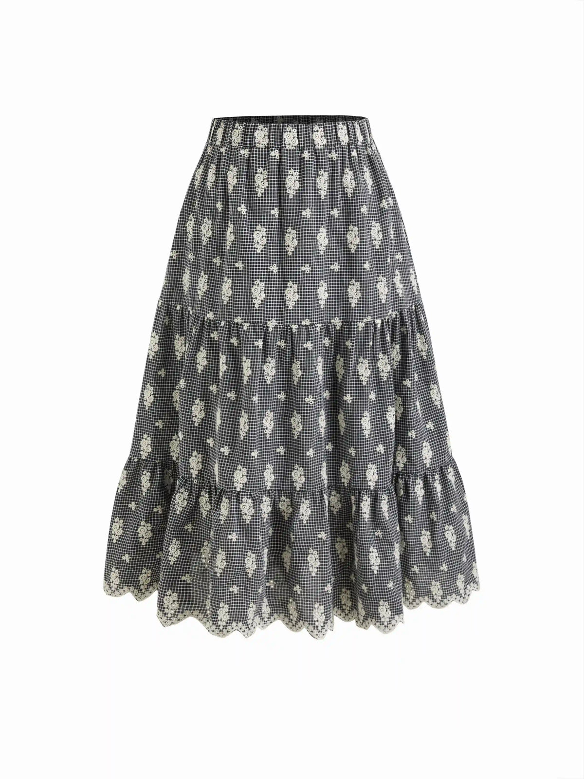 Cotton-blend Mid Rise Check Floral Embroidery Elastic Waist Tiered Maxi Skirt