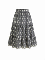 Cotton-blend Mid Rise Check Floral Embroidery Elastic Waist Tiered Maxi Skirt