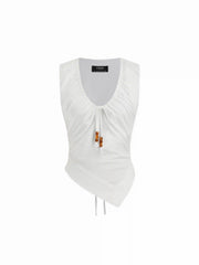 Cotton-Blend U-neckline Beaded Drawstring Tank Top