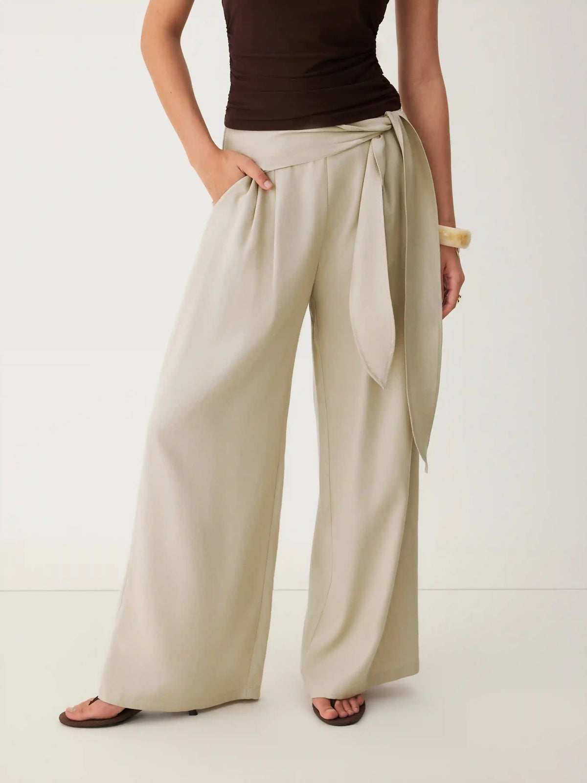 Linen-blend Low Rise Wrap Waist Wide Leg Trousers