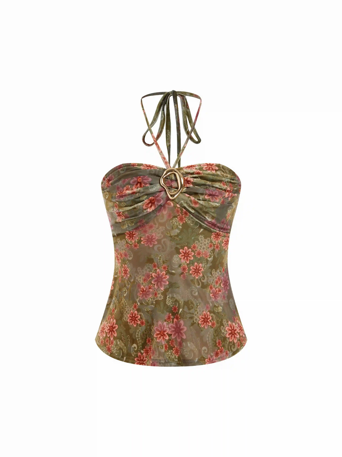 Floral Halter Neckline Metal Button Shirred Top