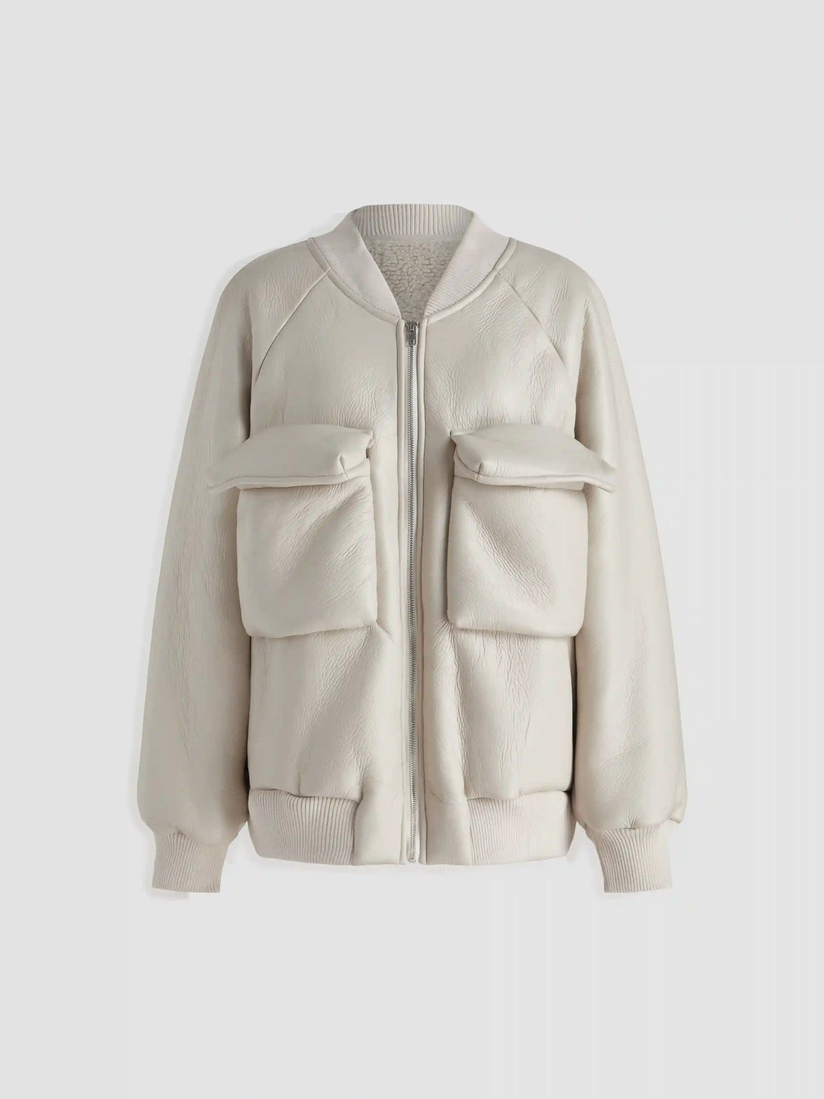 Fleece Stand Collar Solid Pocket Bomber Jacket
