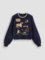 Knit Round Neck Puppy Contrasting Binding Cropped Sweater