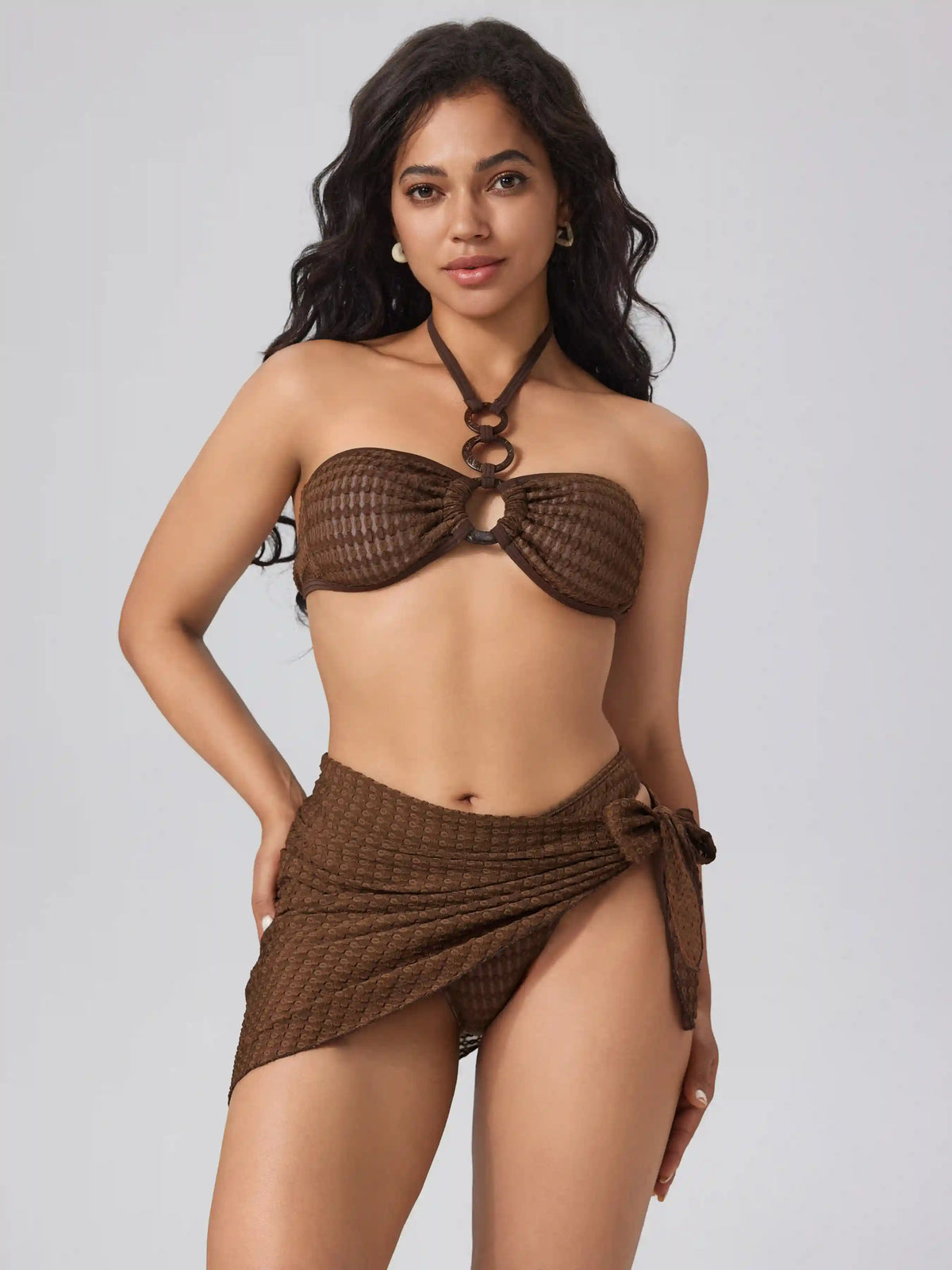 Halter O-Ring Linked Bikini Set With Sarong