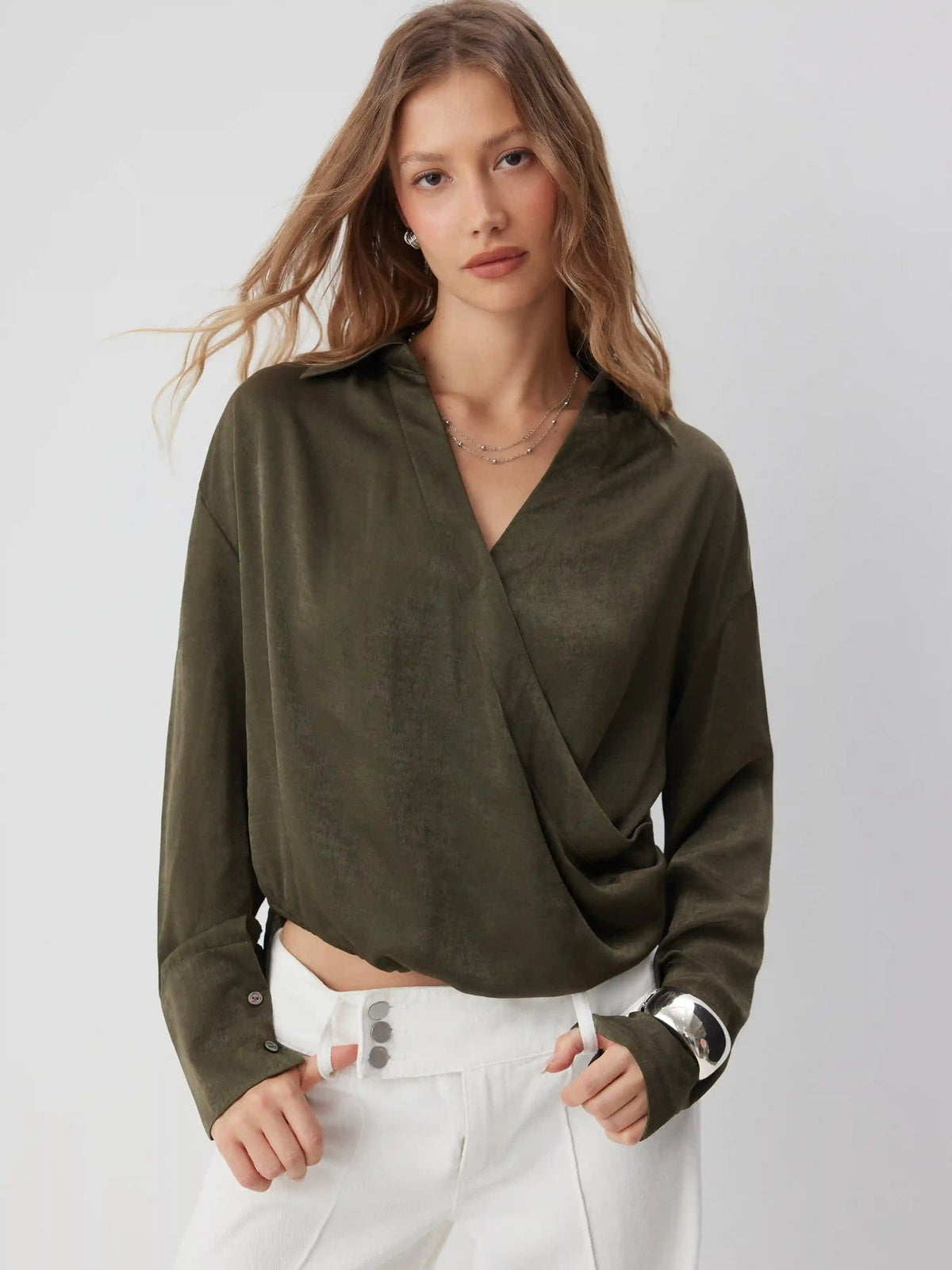 Satin Long Sleeve Wrap Front Blouse