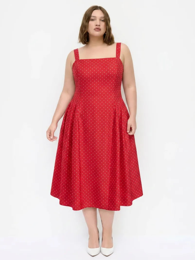 Sculptural Square Neck Spots Polka Dot A-line Maxi Dress Curve & Plus