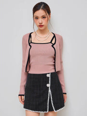 Knitted Round Neckline Solid Contrasting Binding Long Sleeve Top With Crop Cami Top