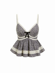 Cotton-blend Floral Lace Panel Peplum Hem Cami Top