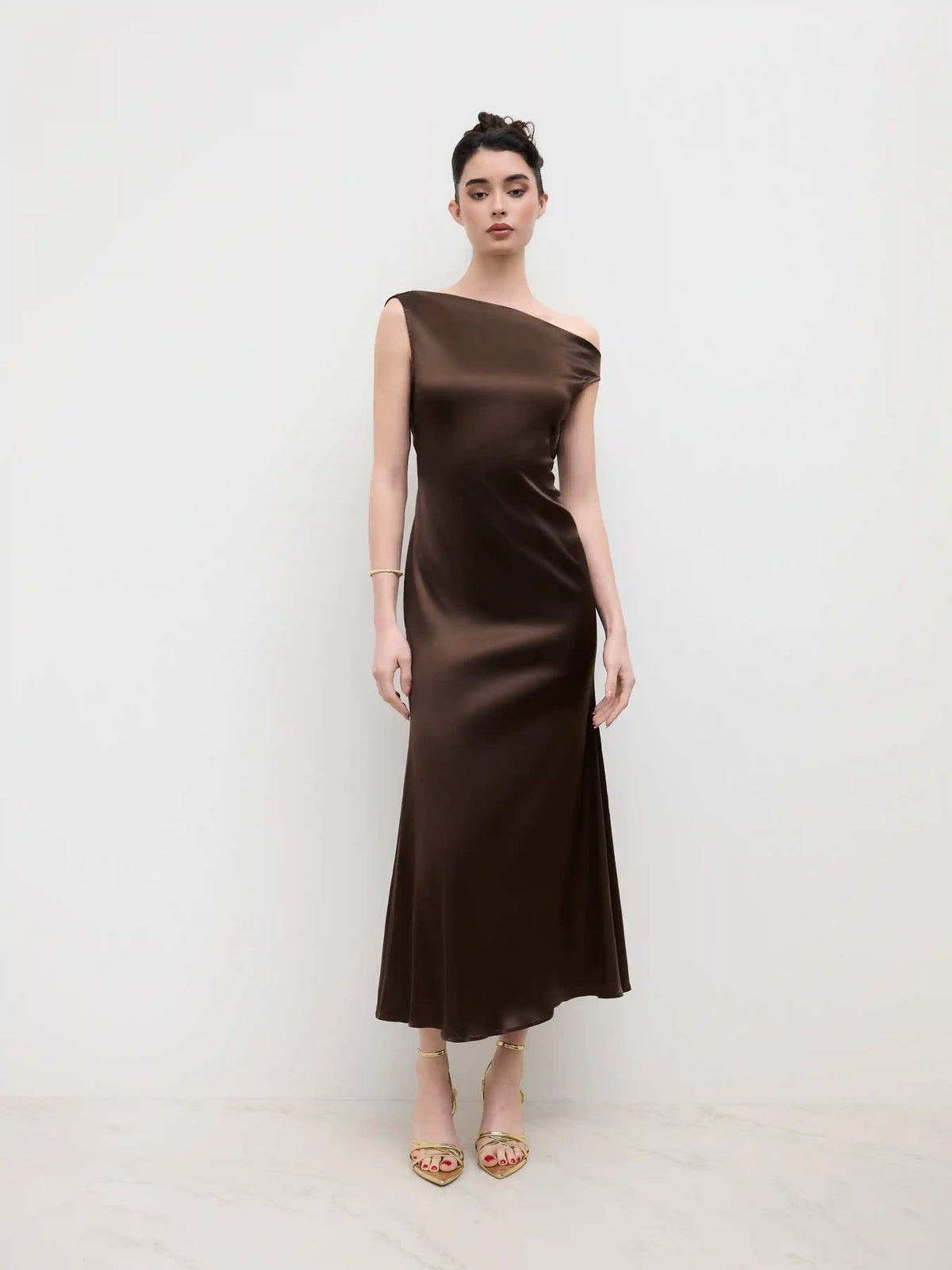 Satin Asymmetrical Neck Backless Maxi Dress