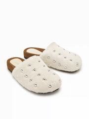 STUDDED FUZZY MULE FLATS
