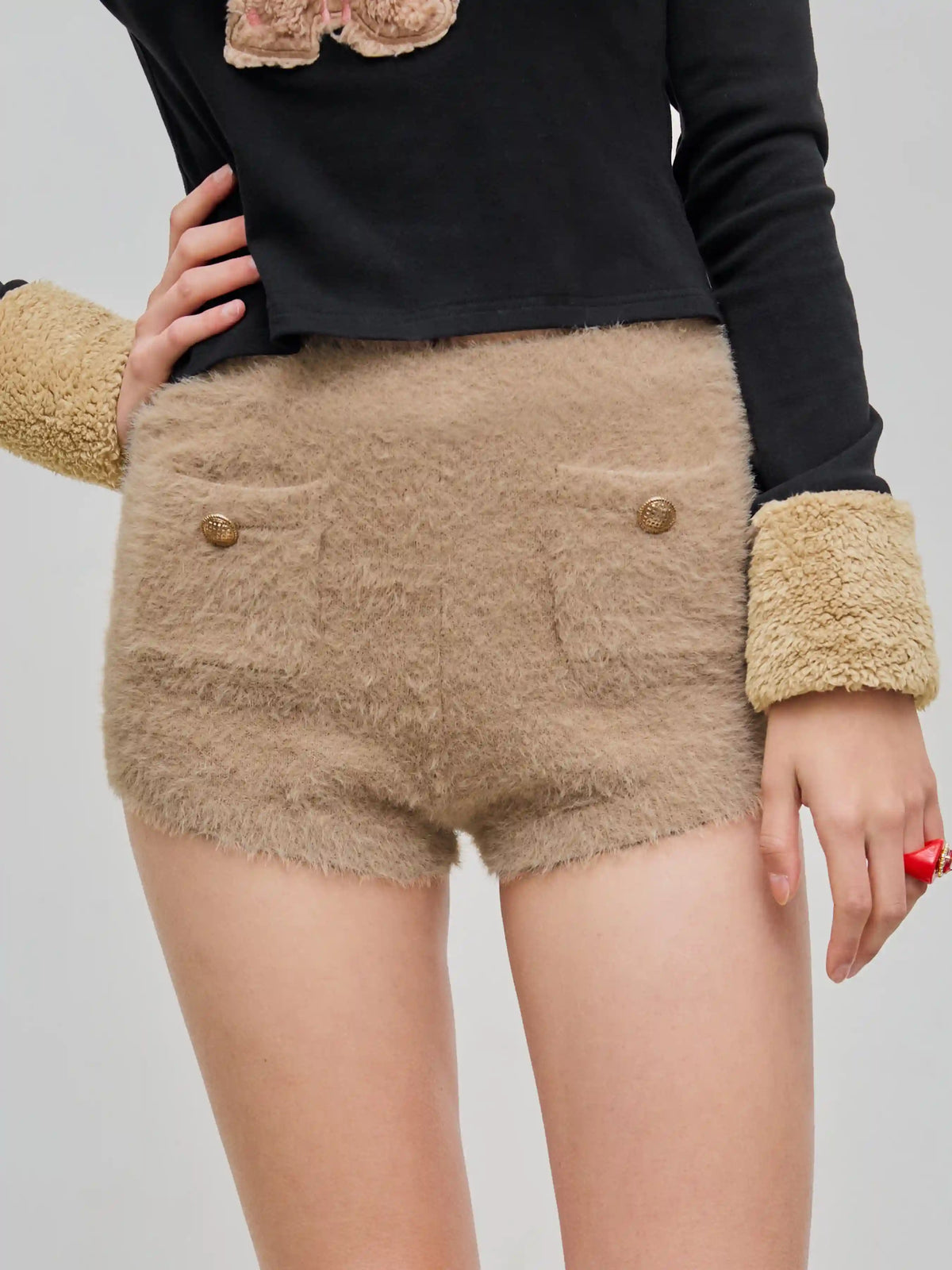Middle Waist Solid Button Knitted Shorts