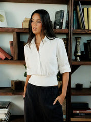 Cotton Collar Middle Sleeve Shirred Hem Shirt