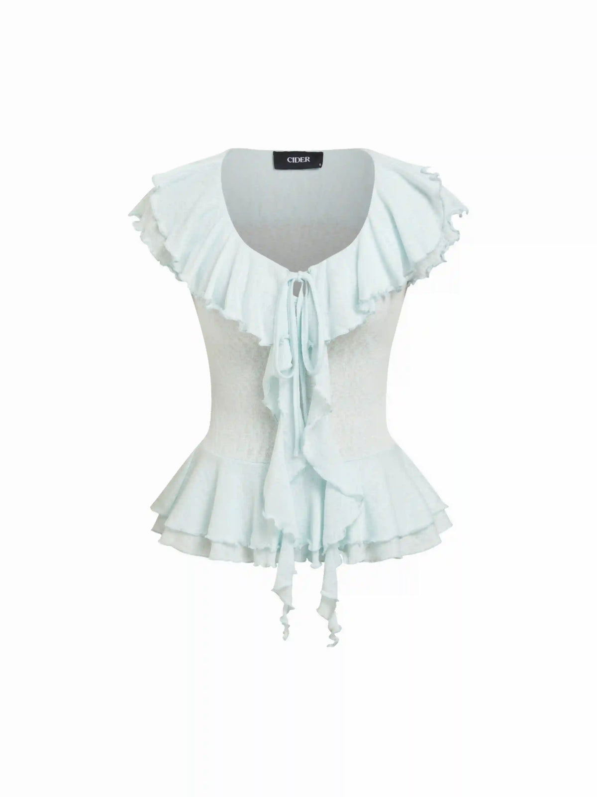 Textured V-neck Ruffle Sleeve Twist Knotted Ruffle Hem Longline Top