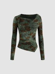 Asymmetrical Neck Floral Ruched Long Sleeve Blouse