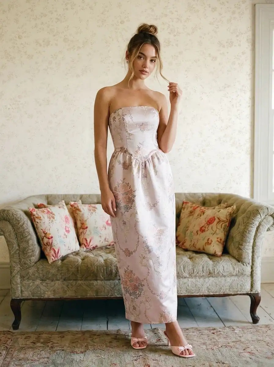 Jacquard Floral Bandeau Bowknot Bubble Maxi Dress