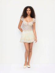 Floral Sweetheart Neckline Ruched Lace Trim Tie Front Top