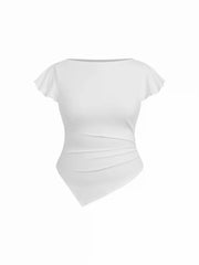 Cotton-blend Boat Neck Ruffle Sleeve Ruched Asymmetrical Hem Tee Curve & Plus