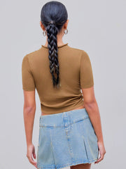 High Neck Solid Knitted Short Sleeve Top