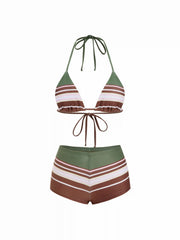 High Stretch Geometric Stripe Drawstring Triangle Bikini Set