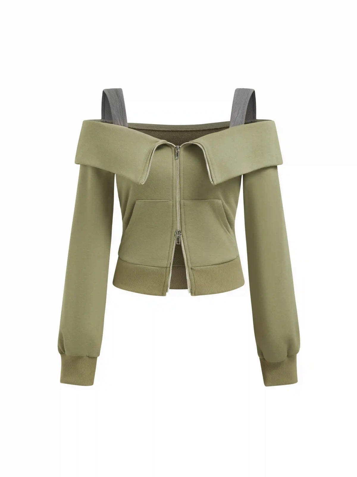 Terry Off-shoulder Zip Through Long Sleeve Two Tone Sweatshirt