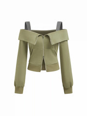 Terry Off-shoulder Zip Through Long Sleeve Two Tone Sweatshirt