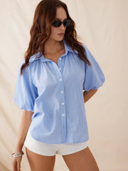 Cotton Striped Ruched Lantern Sleeve Blouse