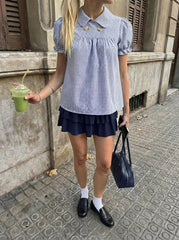 Cotton-blend Plaid Puff Sleeve Oversized Blouse