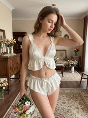 Satin V-Neck Ruched Layered Crop Top & Low Rise Ruffled Brief Loungewear Set