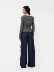 Cable Knit V-neck Solid Hooded Long Sleeve Top