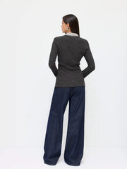 Two Tone Collar Long Sleeve Button Top