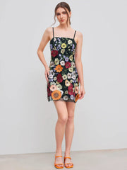 Jacquard Square Neck Colorful Floral Embroidery Mini Dress