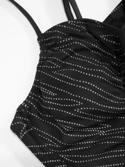 Glitter Graphic Striped Tie Front Cut Out Criss Cross One Piece Swimsuit