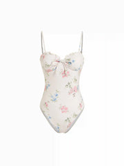 Floral Sweetheart Lettuce Trim Beaded One-piece Swimsuit