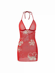 Floral Halter Neck See-Through Mesh Metal Detail Cover Up Dress