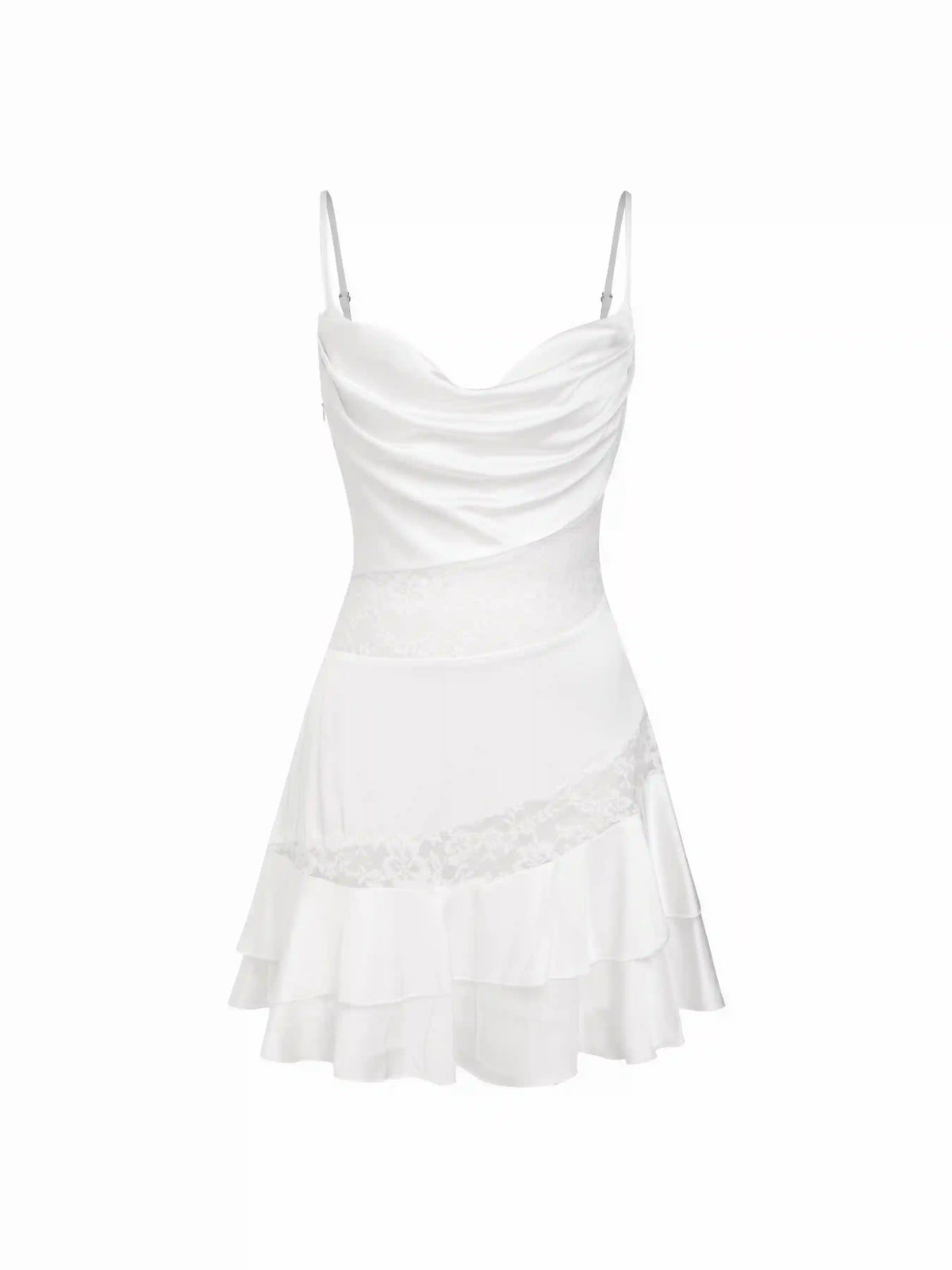 Satin Cowl Neck Lace Ruched Ruffle Hem Mini Dress