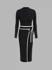 Turtleneck Belted Bowknot Knitted Maxi Dress