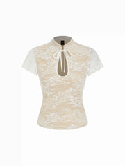 Lace Mandarin Collar Lace Short Sleeve Top