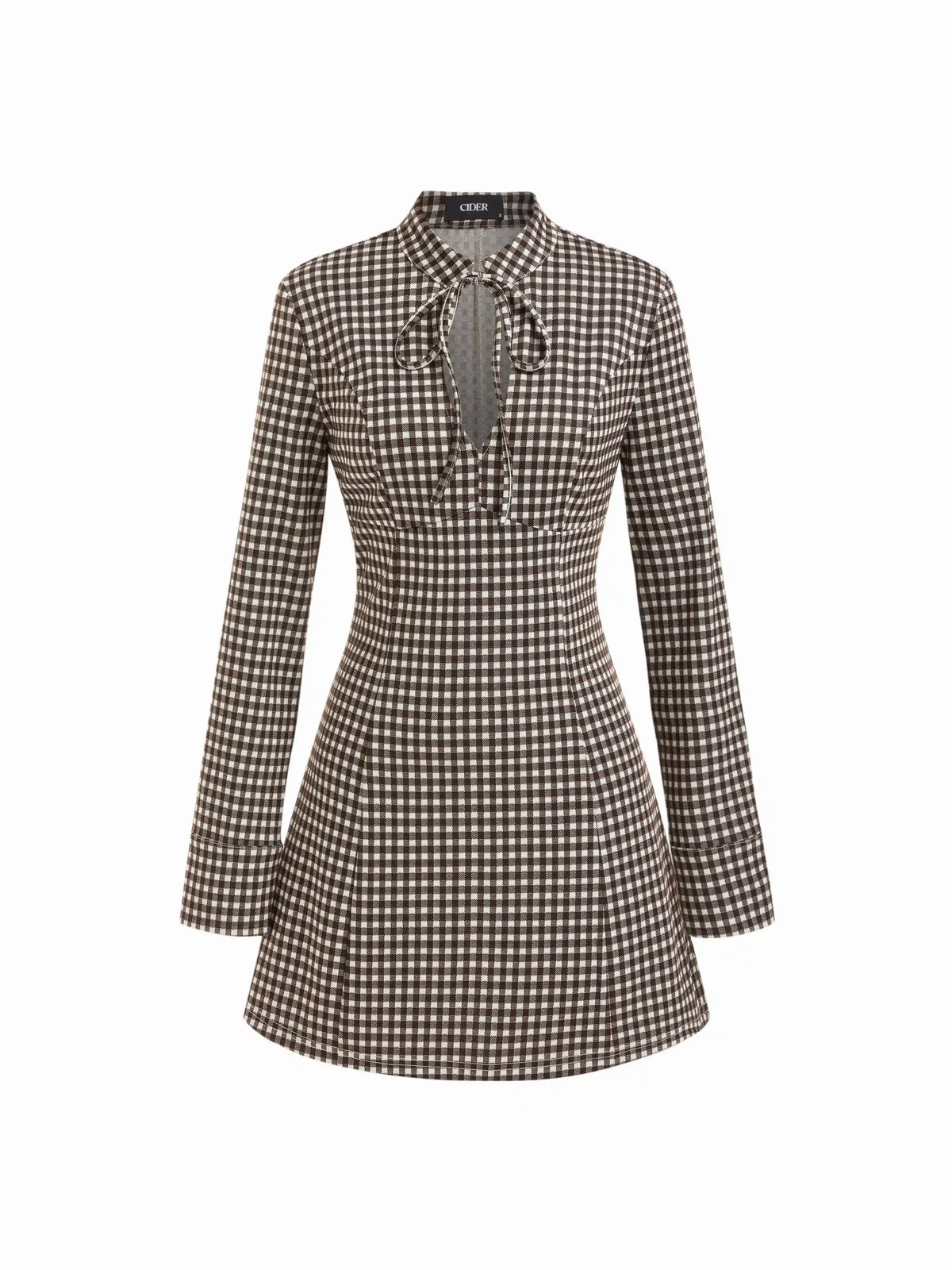 Plaid Stand Collar Long Sleeve Knotted Cut Out A-line Mini Dress