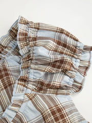 Plaid Square Neck Ruffle Sleeve Knotted Blouse